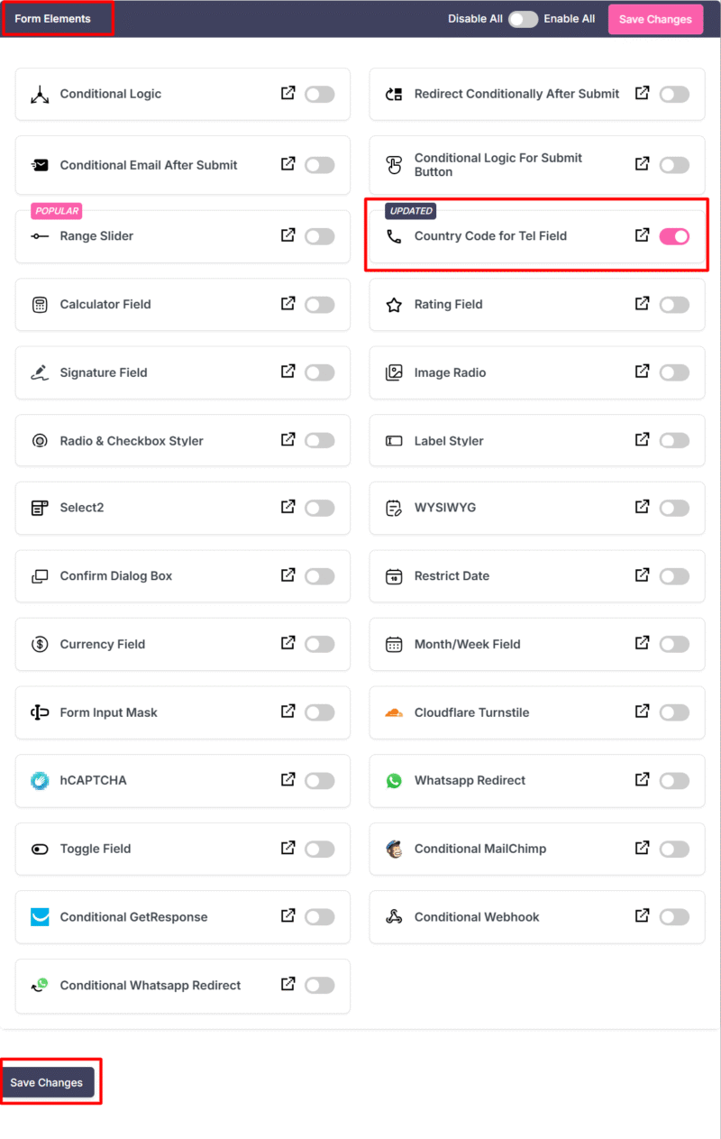 Country Code Form Elements in Elementor form 