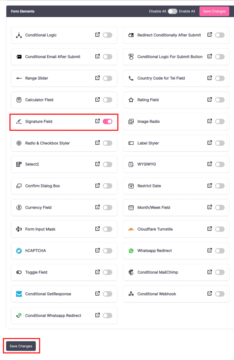 enable signature field in form element
