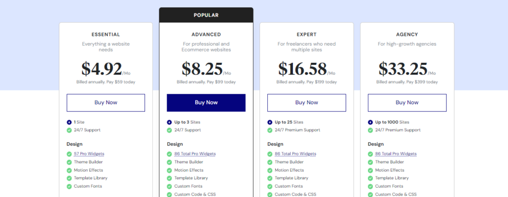 Elementor Pricing page