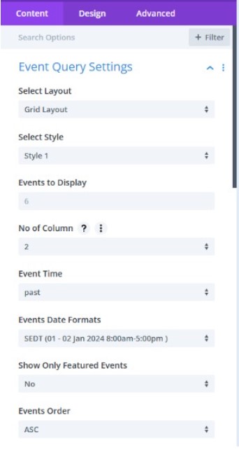 Event Query settings