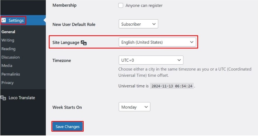 Site language settings