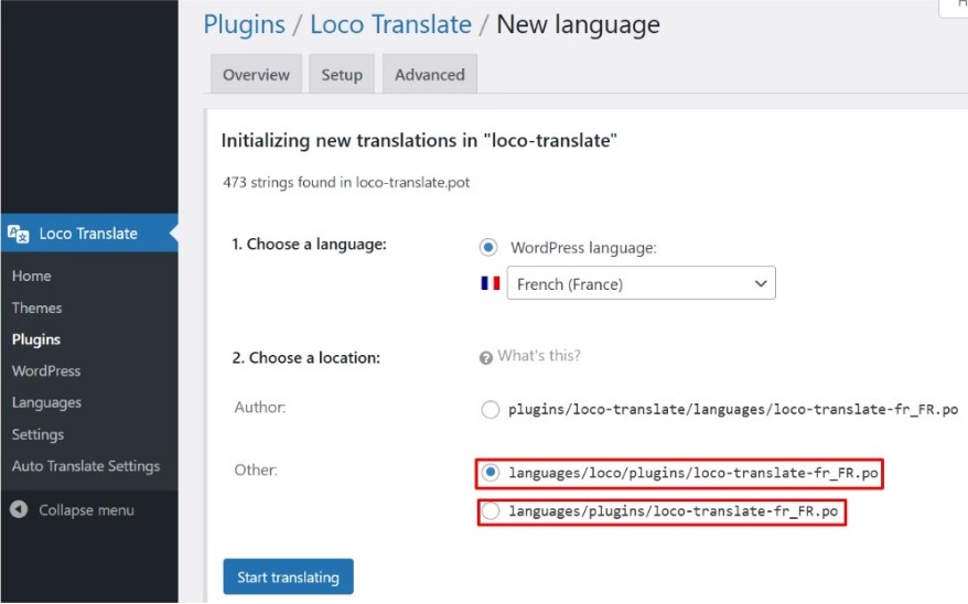.po files location selection