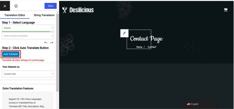 Auto translate button AI TranslatePress Addon