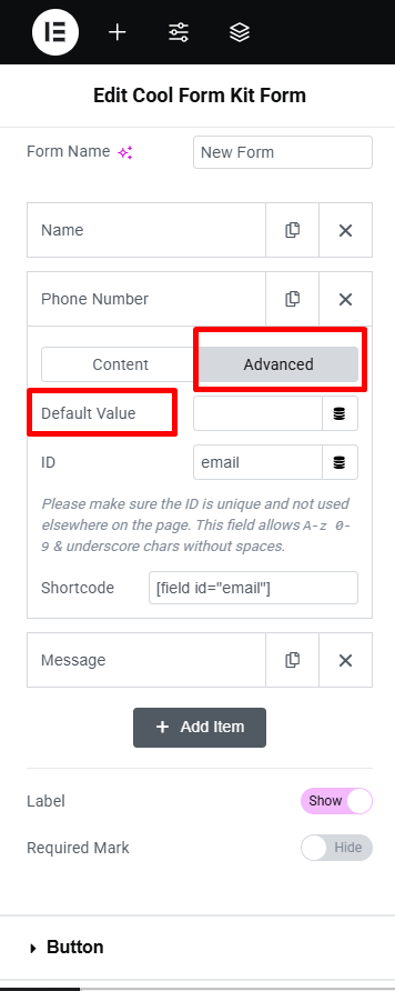 Selecting default value from advanced settings