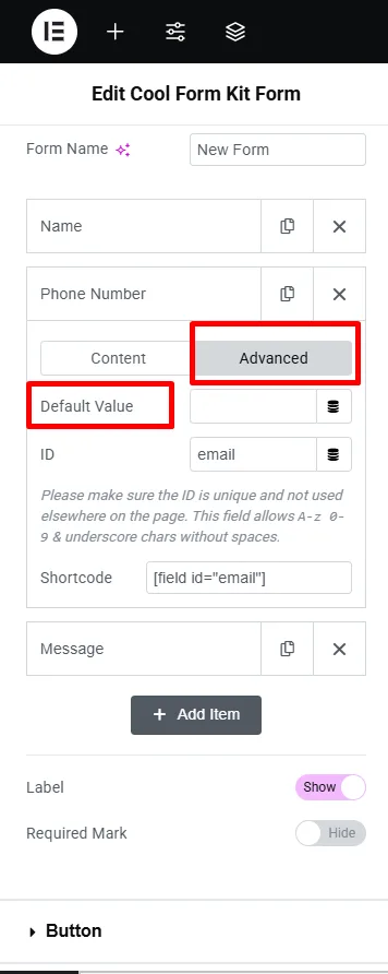 Selecting default value from avanced settings