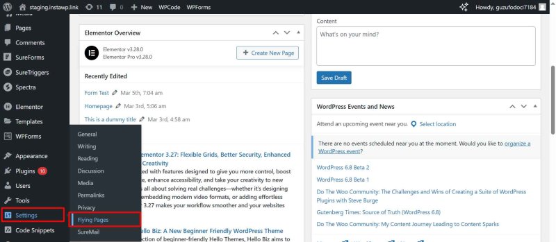 Selecting flying page option from settings