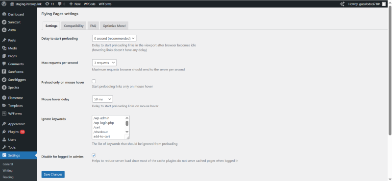 flying page settings