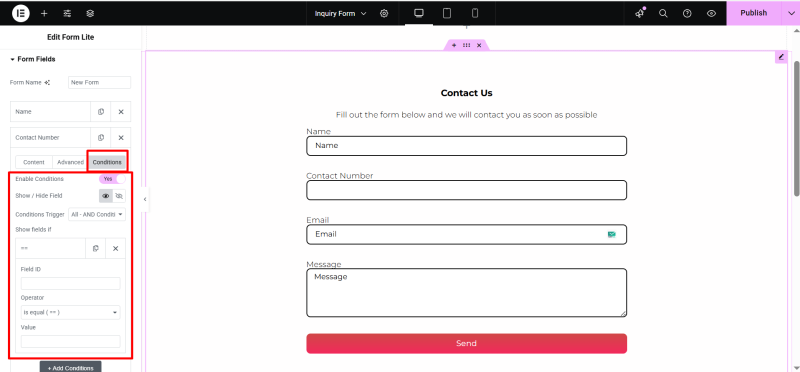 Enable conditions elementor form