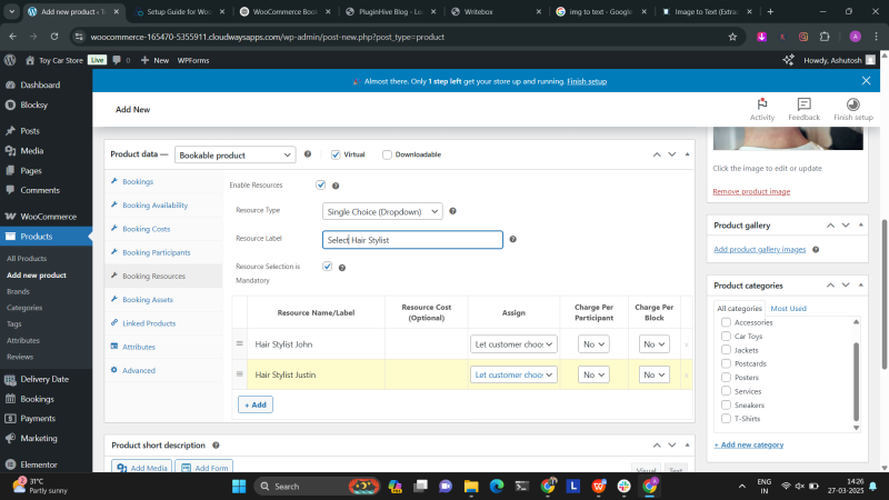 Products booking resources setting