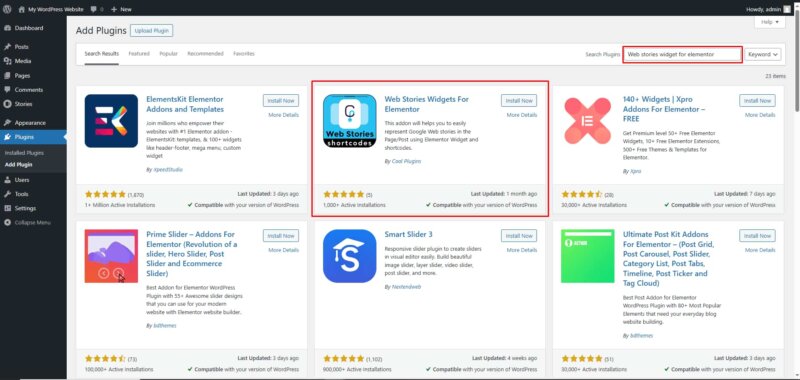 Instal Web Stories Widget For Elementor