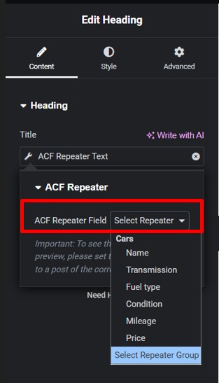 select repeater group